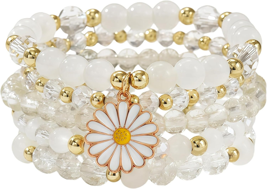 Boho Flower Beaded Bracelet Set for Women - Multilayer Crystal & Flower Charm Stackable Bracelets, Fashion Jewelry Gift for Her