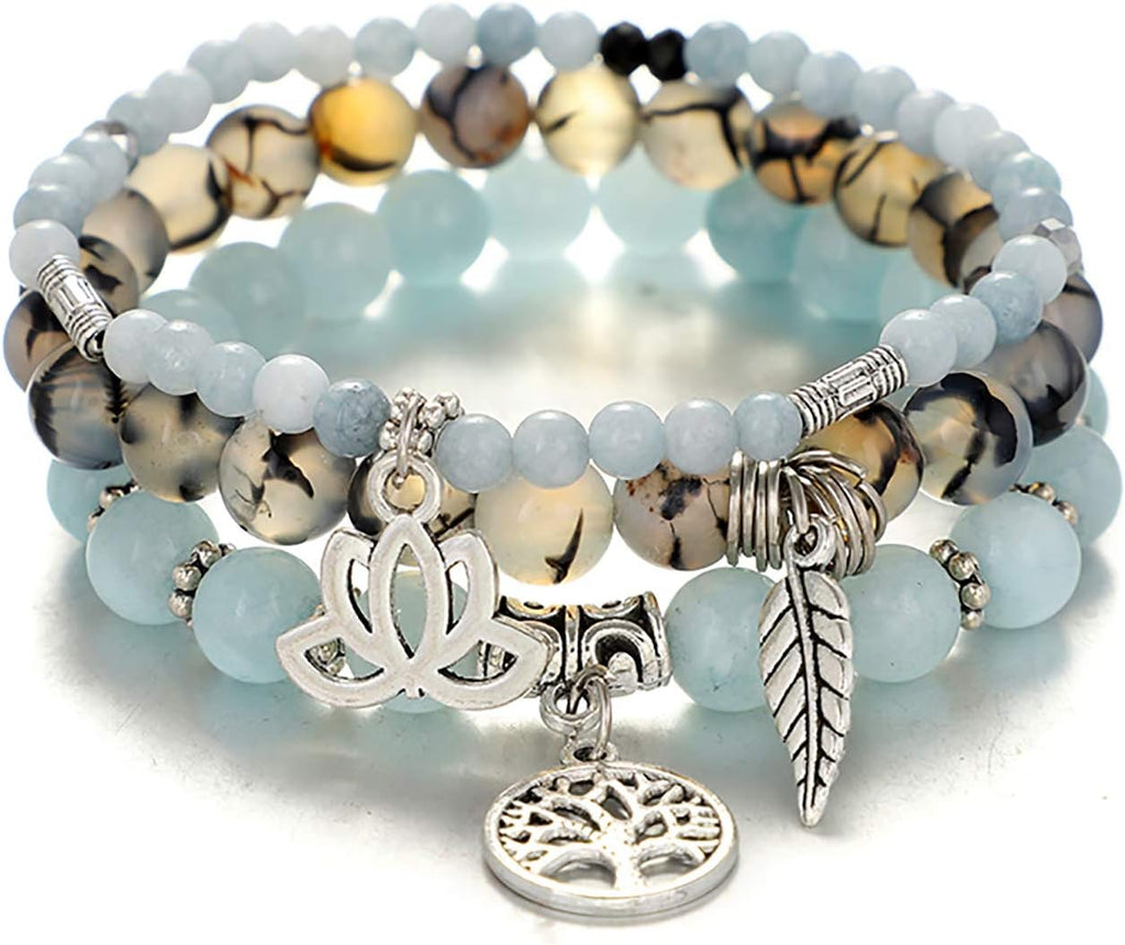 Tree of Life Yoga Healing Stone Bracelets,Multilayer Lotus Chakra Stone Reiki Bracelet Sets,Anxiety Crystal Natural Stone,for Women Stress Relief