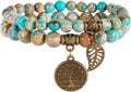 Natural Semi-Precious Stone Bead Bracelet — Tree of Life and Leaf Charm Energy and Reiki Crystal Stretch Bracelet