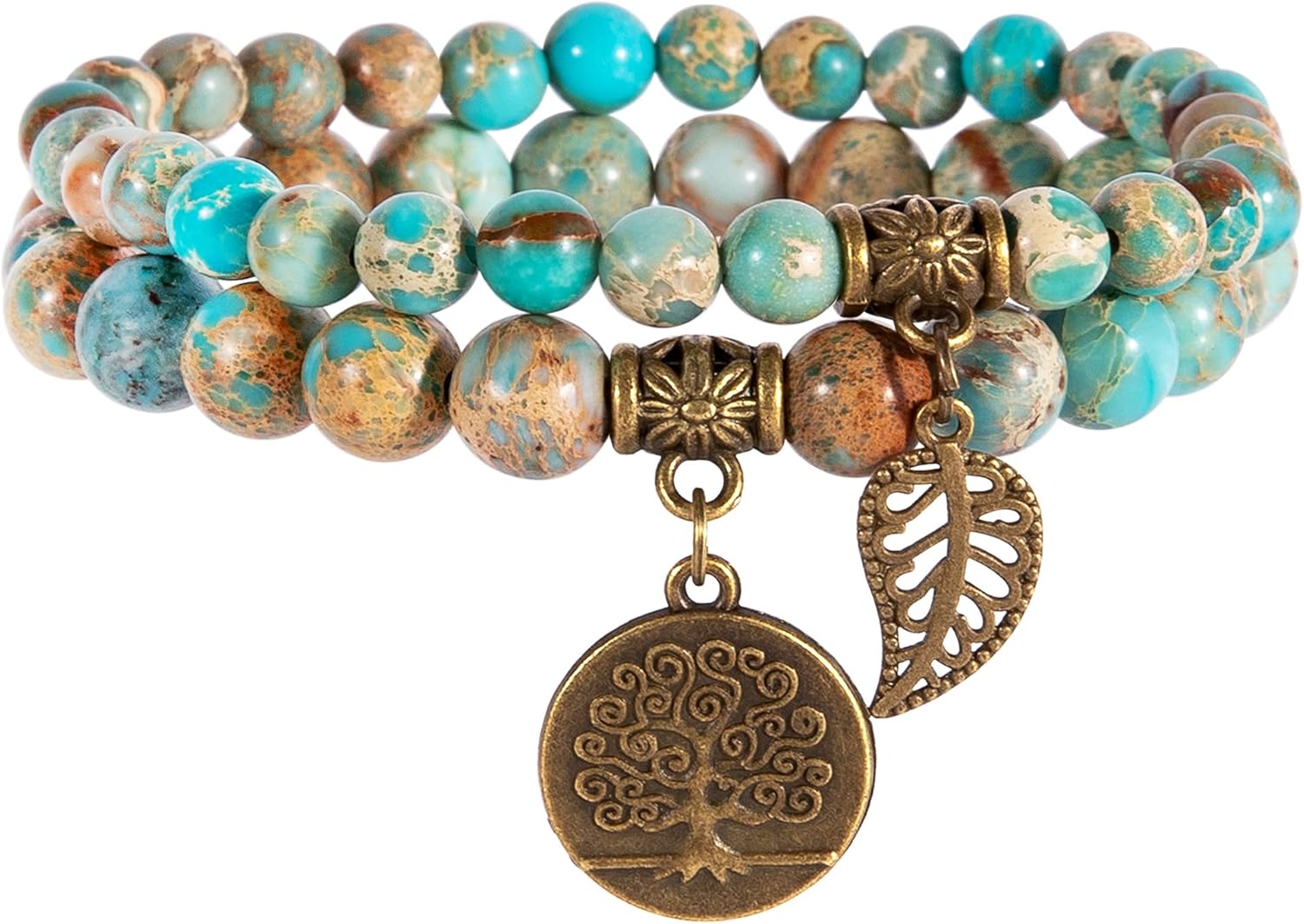 Natural Semi-Precious Stone Bead Bracelet — Tree of Life and Leaf Charm Energy and Reiki Crystal Stretch Bracelet