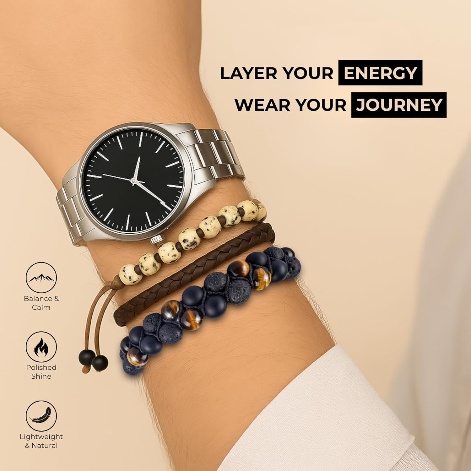 Volcanic Rock, Black Onyx, and Tiger's Eye 8mm Natural Stone Beads | An energy bracelet to help you stay grounded, boost your confidence, attract wealth and good fortune, and relieve stress