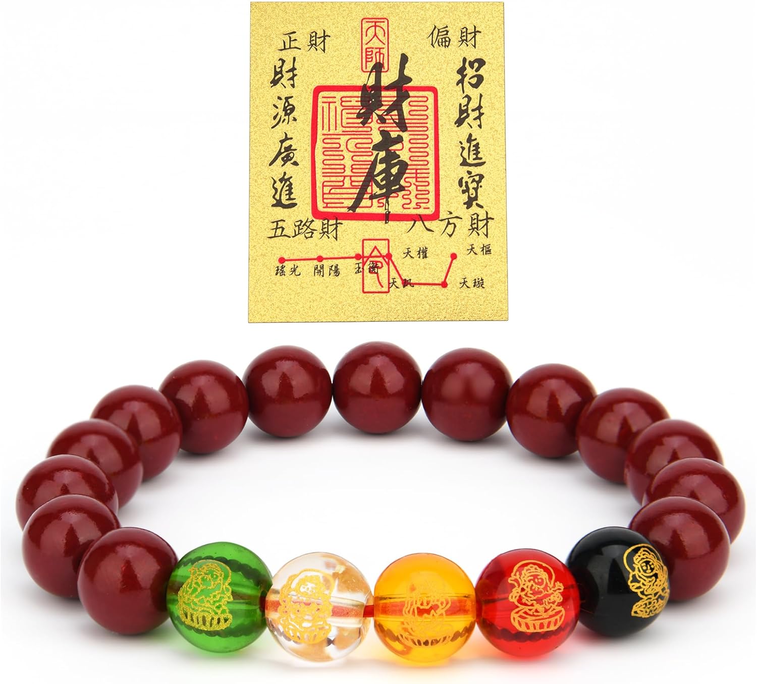 LINGYUAN Feng Shui Wealth and Luck Bracelet with Gold Foil Five Gods Amulet-Red Agate Cinnabar Gemstone Bracelet for Prosperity, Protection & Success, Lucky Charm Gift for Men & Women