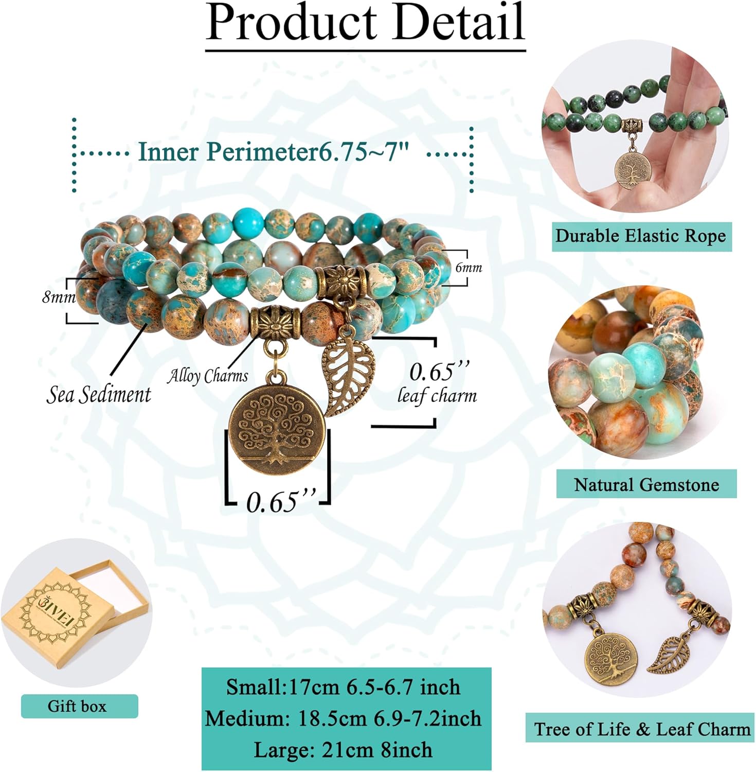 Natural Semi-Precious Stone Bead Bracelet — Tree of Life and Leaf Charm Energy and Reiki Crystal Stretch Bracelet