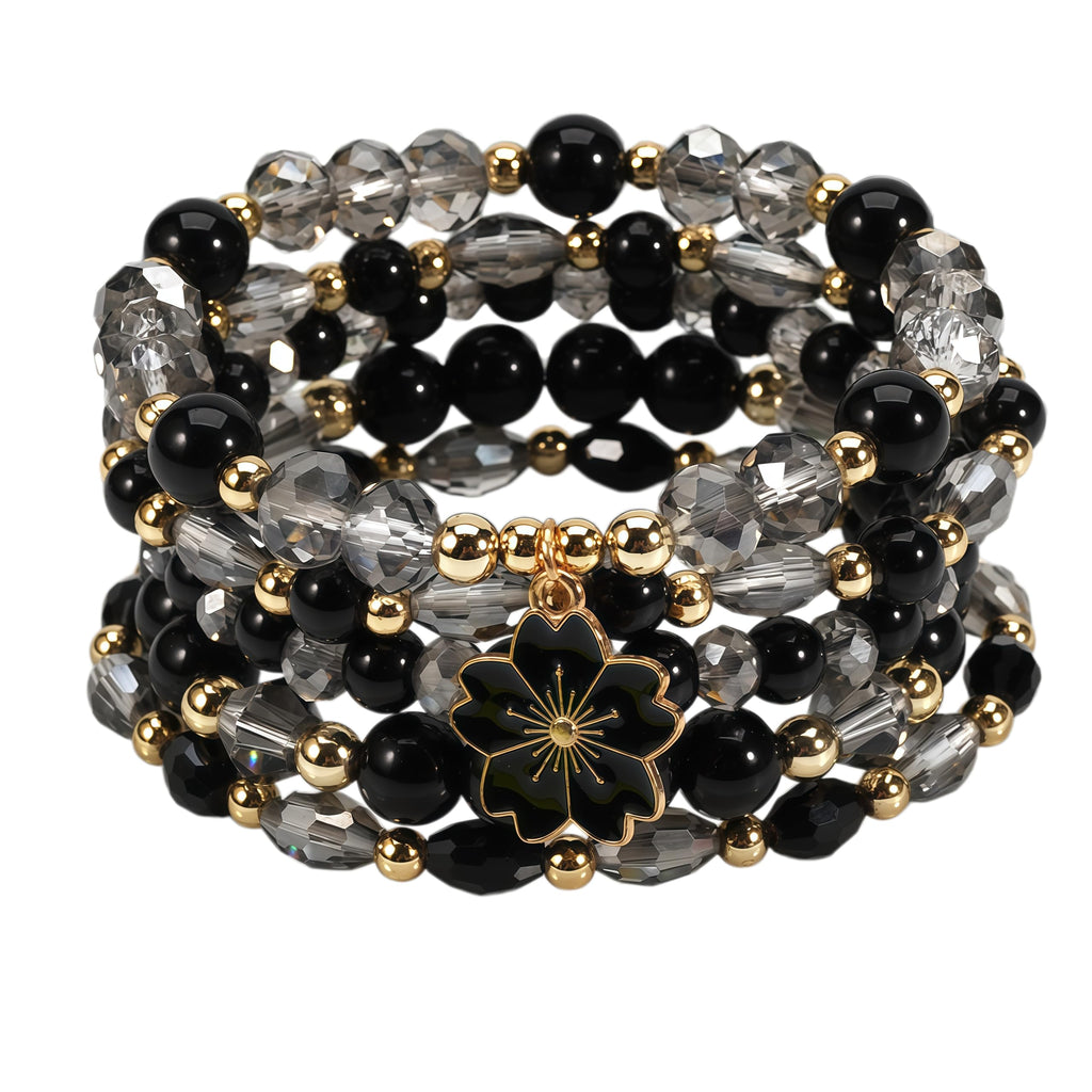 Boho Flower Beaded Bracelet Set for Women - Multilayer Crystal & Flower Charm Stackable Bracelets, Fashion Jewelry Gift for Her