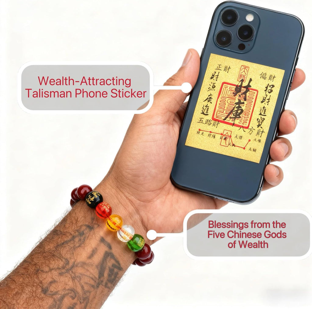 LINGYUAN Feng Shui Wealth and Luck Bracelet with Gold Foil Five Gods Amulet-Red Agate Cinnabar Gemstone Bracelet for Prosperity, Protection & Success, Lucky Charm Gift for Men & Women