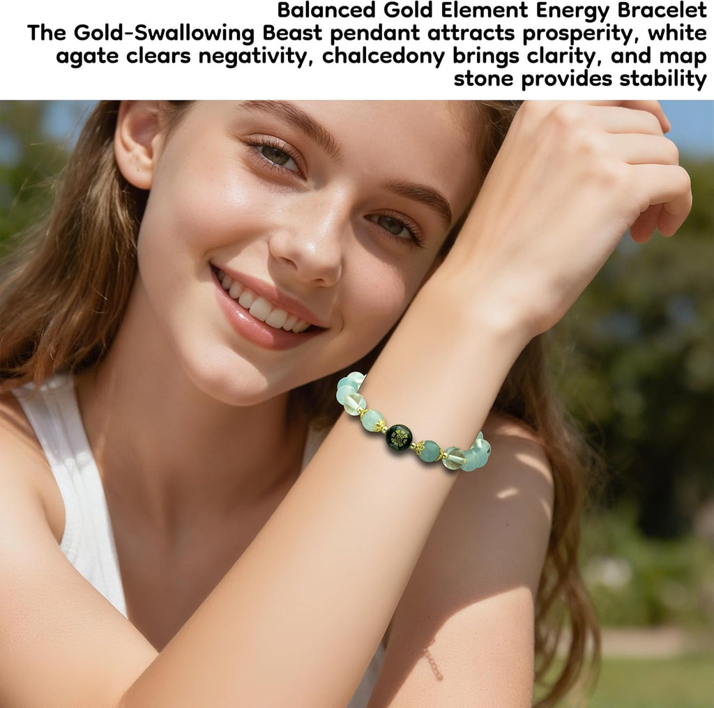 Five Elements Feng Shui Bracelet for Women – Crystal Beaded Energy Bracelet with Imperial Palace-Style Gold-Swallowing Beast, Good Luck, Wealth & Positive Energy