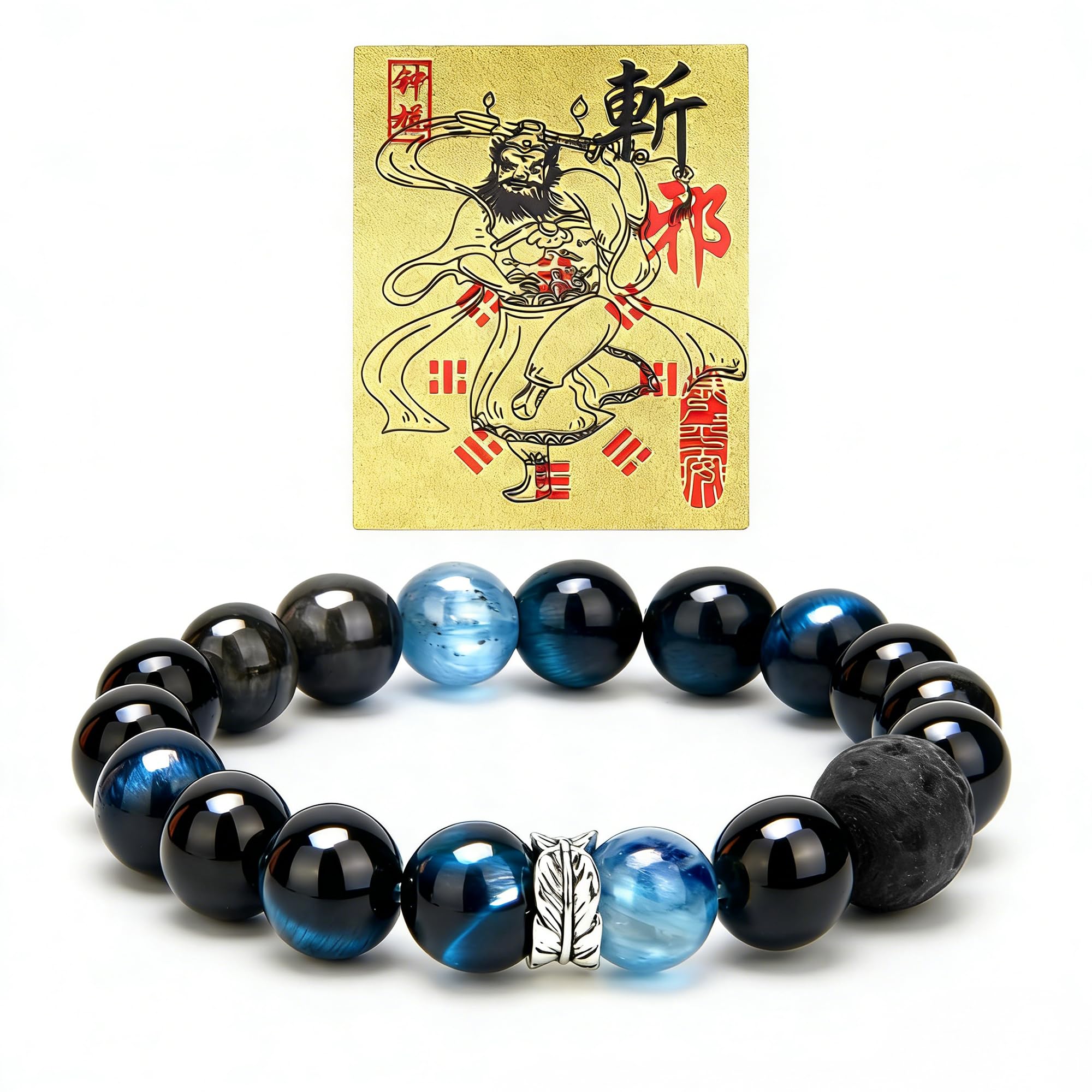 LINGYUAN Feng Shui Wealth and Luck Bracelet with Gold Foil Five Gods Amulet-Red Agate Cinnabar Gemstone Bracelet for Prosperity, Protection & Success, Lucky Charm Gift for Men & Women