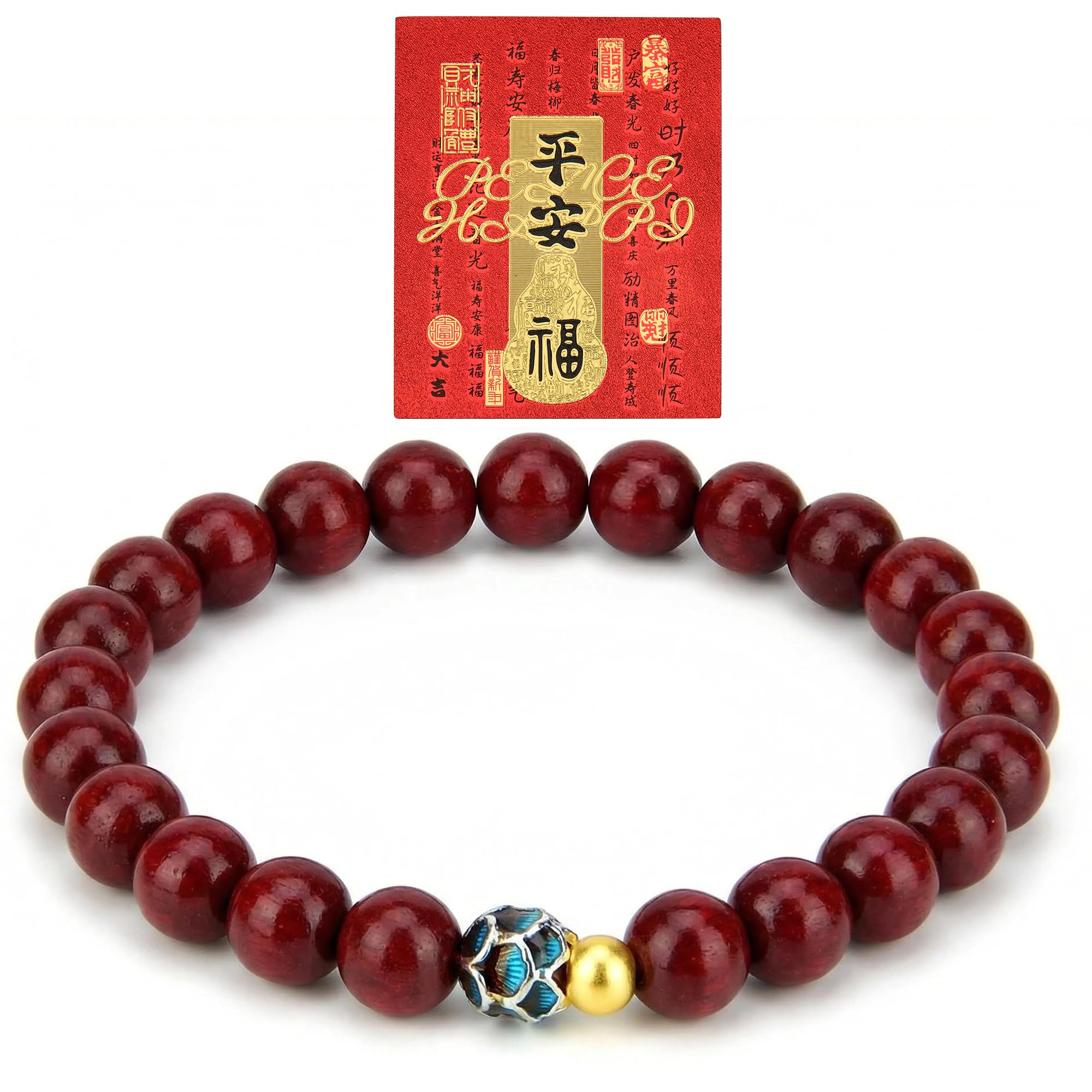 LINGYUAN Feng Shui Wealth and Luck Bracelet with Gold Foil Five Gods Amulet-Red Agate Cinnabar Gemstone Bracelet for Prosperity, Protection & Success, Lucky Charm Gift for Men & Women