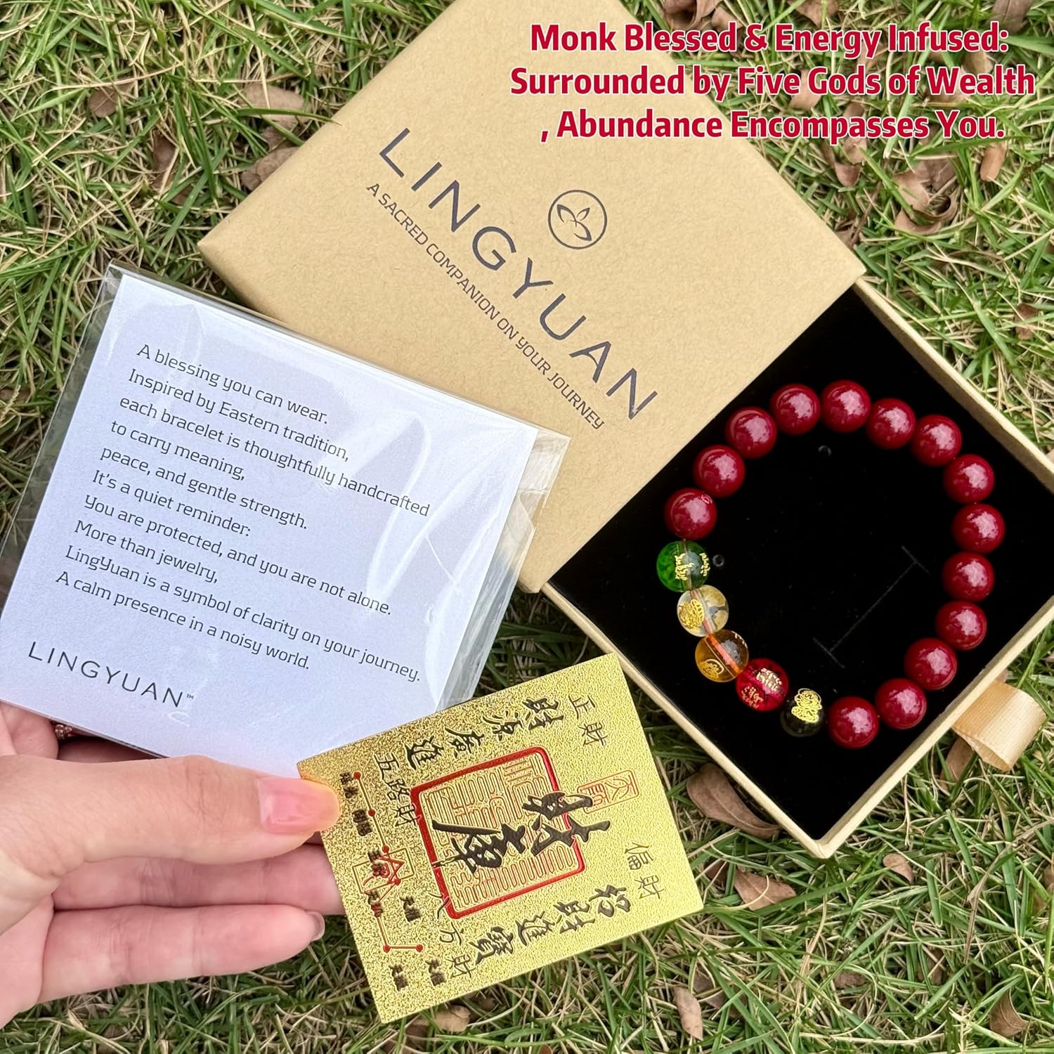 LINGYUAN Feng Shui Wealth and Luck Bracelet with Gold Foil Five Gods Amulet-Red Agate Cinnabar Gemstone Bracelet for Prosperity, Protection & Success, Lucky Charm Gift for Men & Women