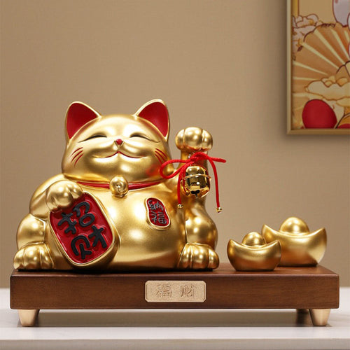 Golden beckoning cat with gold ingots product photo