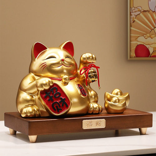 Lucky cat with gold ingots and wood base alternate view