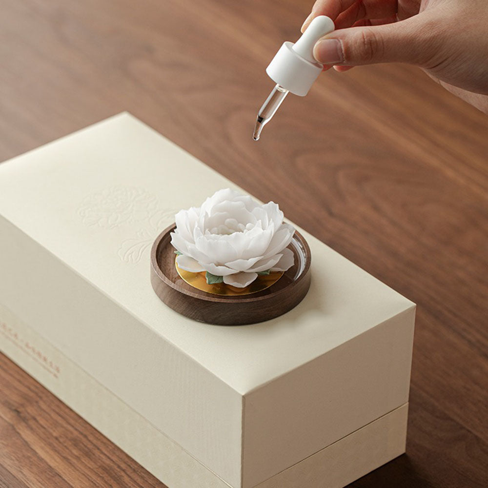 Jasmine Ceramic Flower On Walnut Base