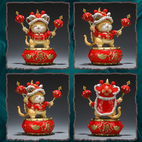 Brass lucky cat with lion dance headpiece alternate view