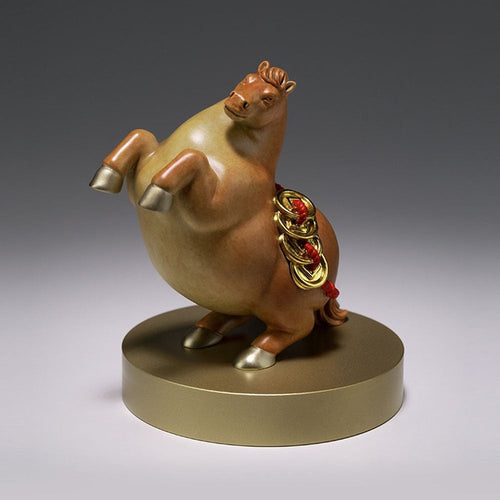 Brass horse with gold coins alternate view